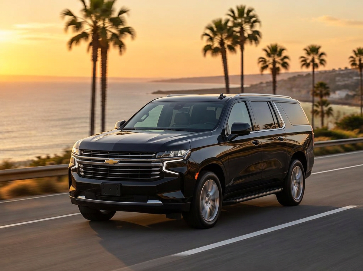 Black Chevrolet Suburban driving along a Southern California coastal highway at sunset