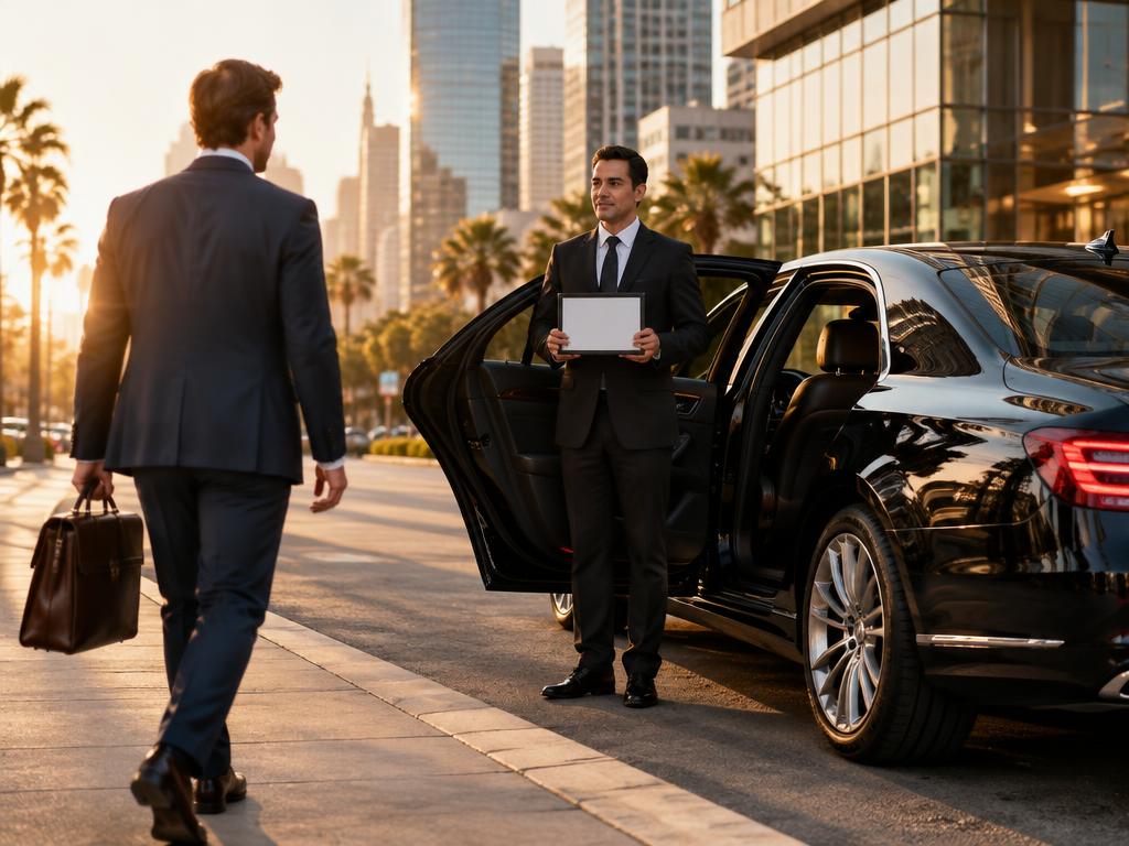 Chauffeur greeting a business traveler with a briefcase beside a black sedan in front of glass office towers