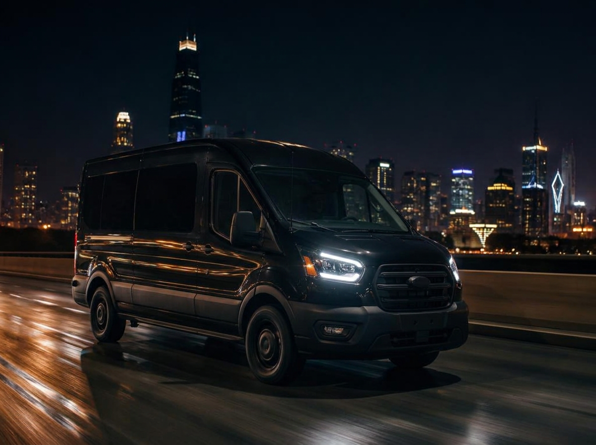 Black Ford Transit passenger van driving on a freeway at night with the city skyline lit up behind it