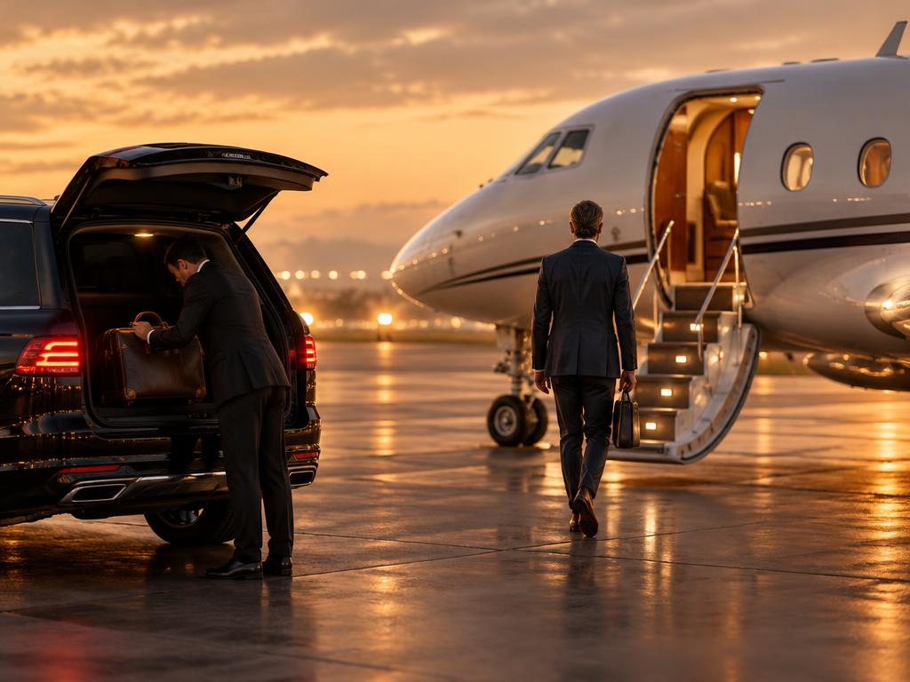 Chauffeur loading luggage into a black SUV on the ramp beside a private jet at dusk